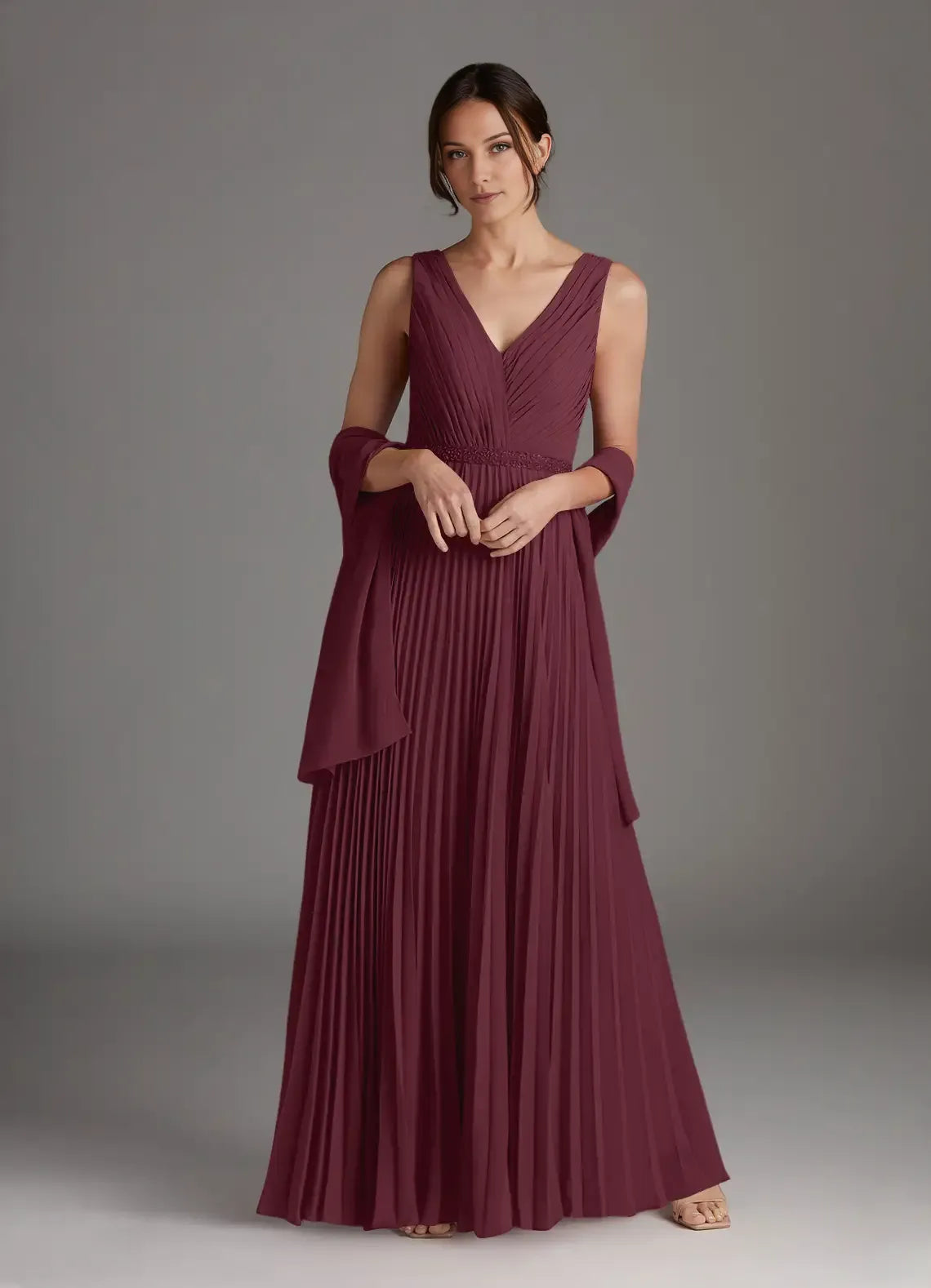 Beautiful Cabernet A-Line Mother of the Bride Dresses Sequins Chiffon with Sleeveless V - Neck Pleated Skirt and Matching Shawl