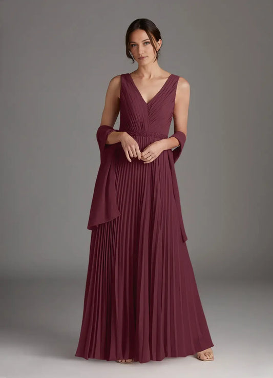 Beautiful Cabernet A-Line Mother of the Bride Dresses Sequins Chiffon with Sleeveless V - Neck Pleated Skirt and Matching Shawl