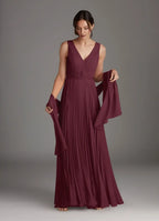 Beautiful Cabernet A-Line Mother of the Bride Dresses Sequins Chiffon with Sleeveless V - Neck Pleated Skirt and Matching Shawl
