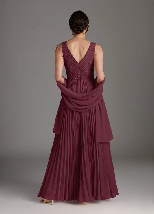 Beautiful Cabernet A-Line Mother of the Bride Dresses Sequins Chiffon with Sleeveless V - Neck Pleated Skirt and Matching Shawl
