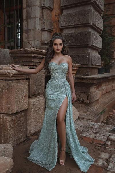 Beautiful Shining Crystal Sweetheart Sleeveless Prom Dresses With Split A Line Evening Gowns ?
