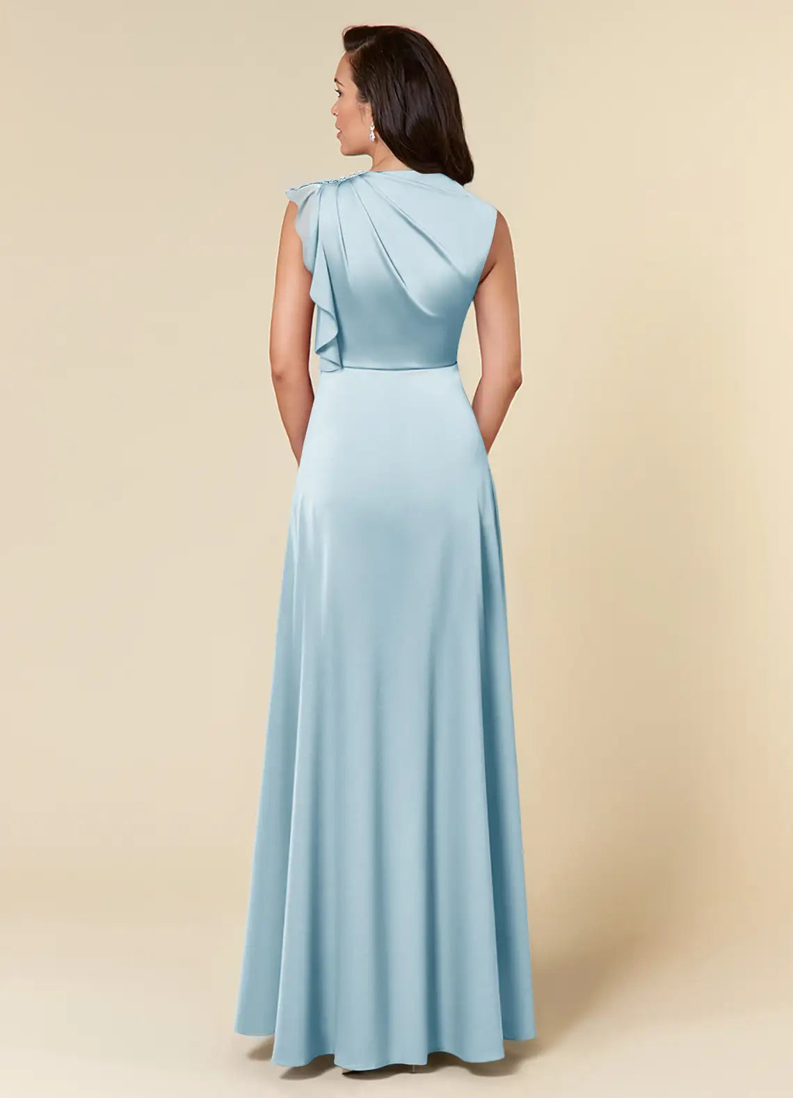 Beautiful Sky Blue A-Line High Neckline Pleated Mother of the Bride Dresses with One Shoulder Design Cascading Ruffled Accents