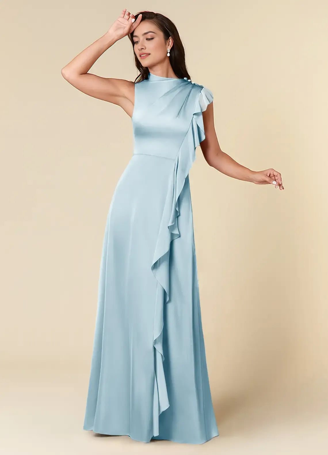 Beautiful Sky Blue A-Line High Neckline Pleated Mother of the Bride Dresses with One Shoulder Design Cascading Ruffled Accents