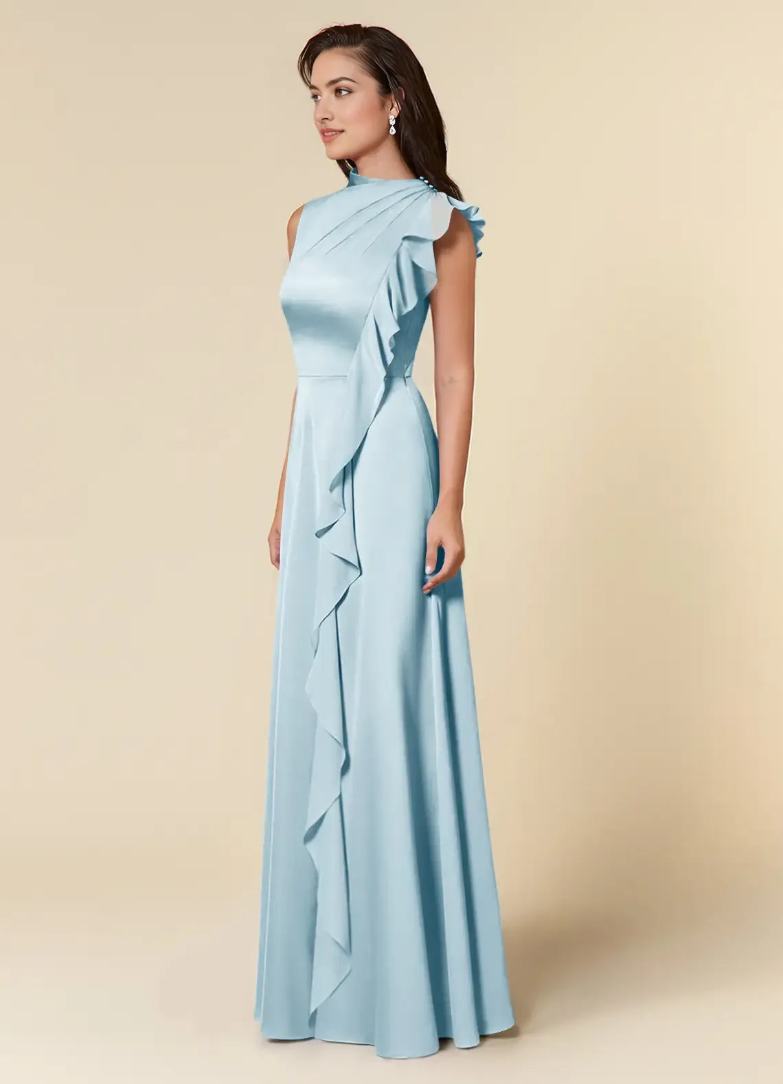 Beautiful Sky Blue A-Line High Neckline Pleated Mother of the Bride Dresses with One Shoulder Design Cascading Ruffled Accents