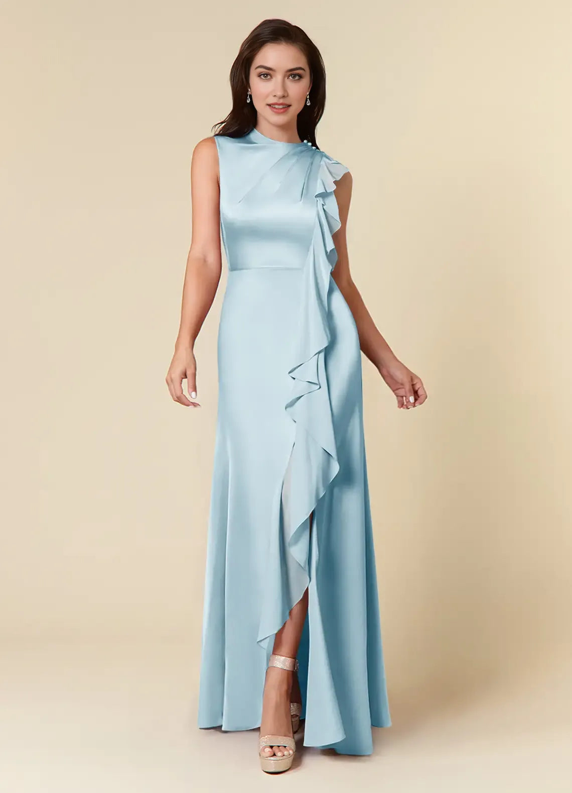 Beautiful Sky Blue A-Line High Neckline Pleated Mother of the Bride Dresses with One Shoulder Design Cascading Ruffled Accents