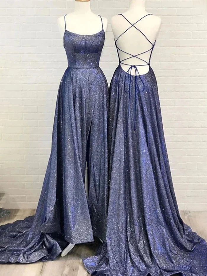 Beautiful Spaghetti Straps Backless Long Blue Party Formal Dresses
