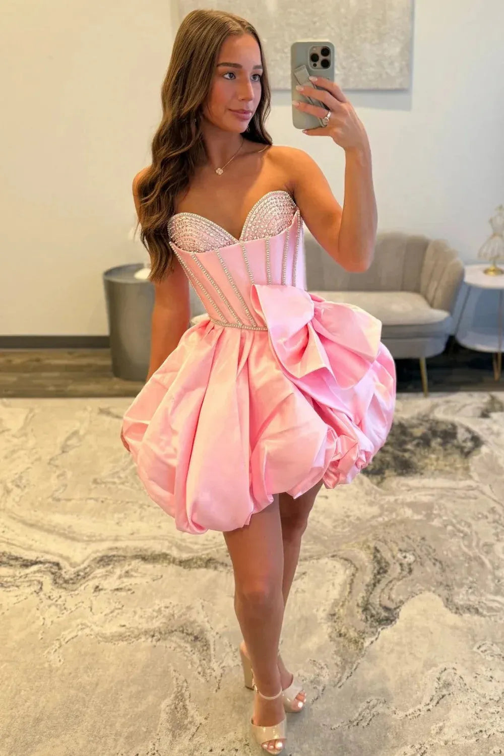 Beautiful Sweetheart Corset Rhinestone Bow Pink Short Homecoming Dress With Bubble Hem