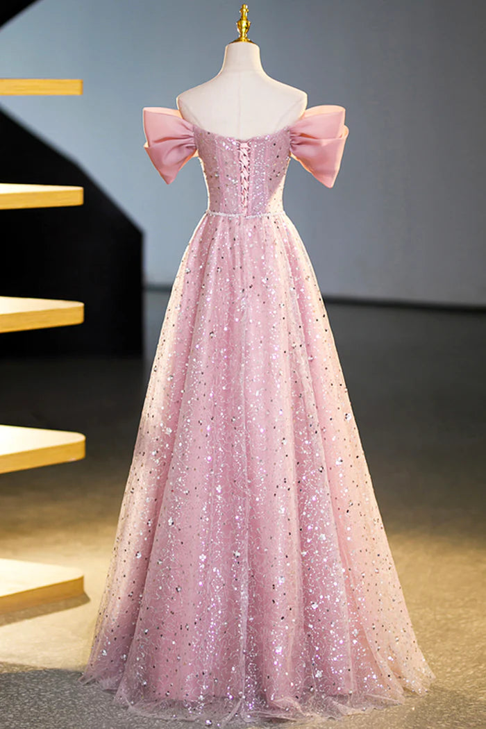 Beautiful Tulle Sequins Long Prom Dress Pink Off Shoulder Evening Dress