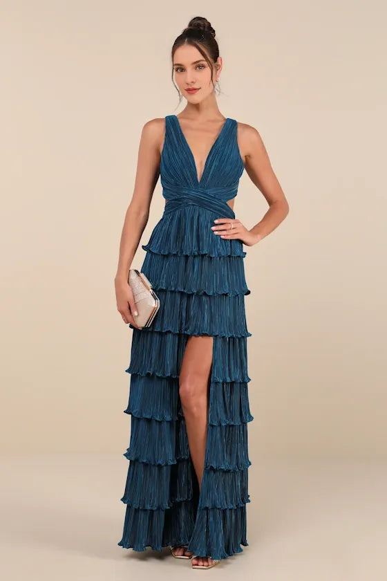 Beauty Icon Black Satin Pleated Tiered Lace-Up Evening Dresses