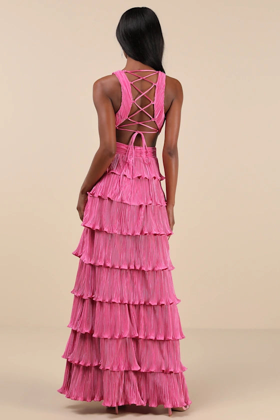 Beauty Icon Black Satin Pleated Tiered Lace-Up Evening Dresses
