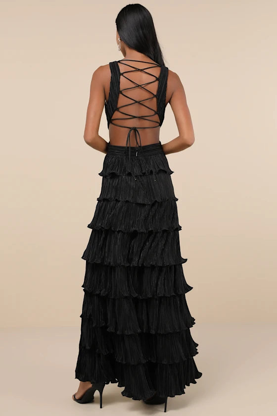 Beauty Icon Black Satin Pleated Tiered Lace-Up Evening Dresses