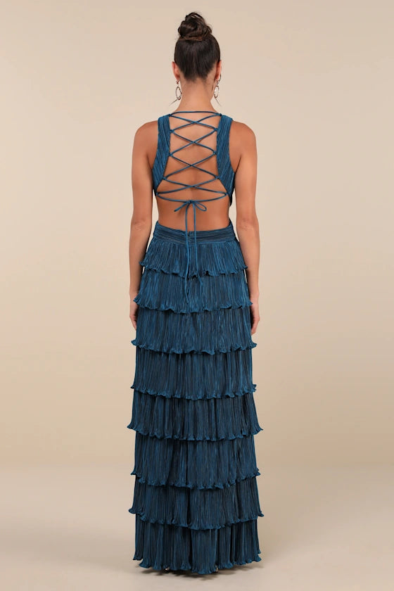 Beauty Icon Black Satin Pleated Tiered Lace-Up Evening Dresses
