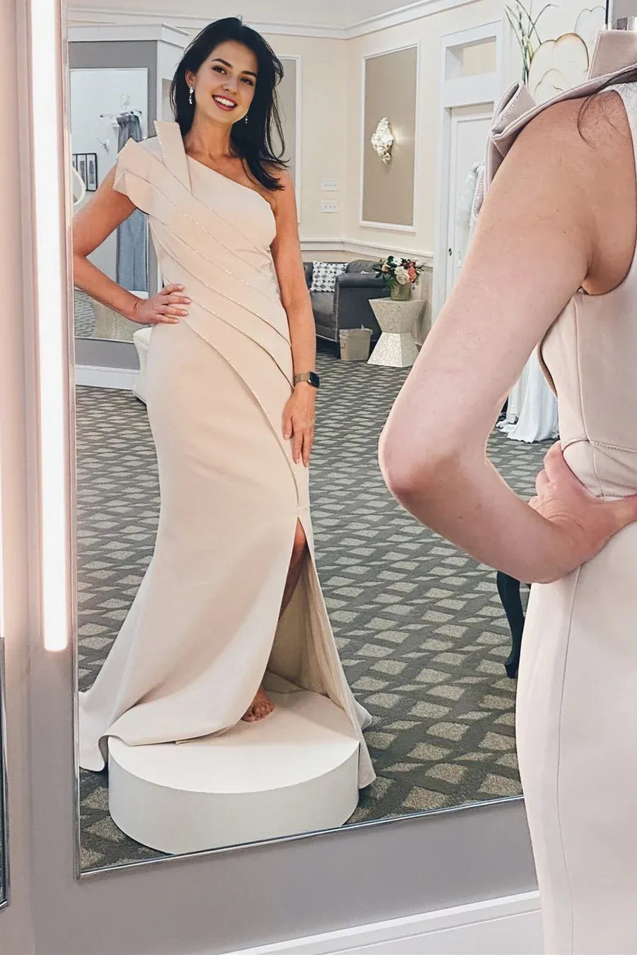 Beige One Shoulder Pleated Long Mother of the Bride Dress with Slit