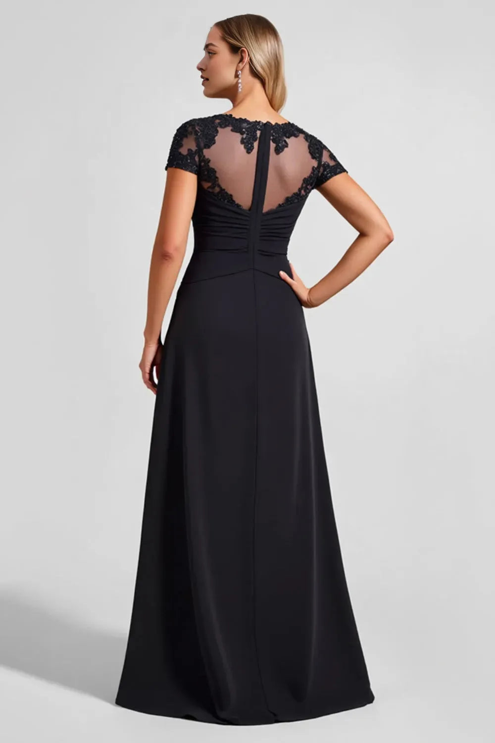 Black A Line Chiffon Applique Mother of the Bride Dress with Slit ﻿