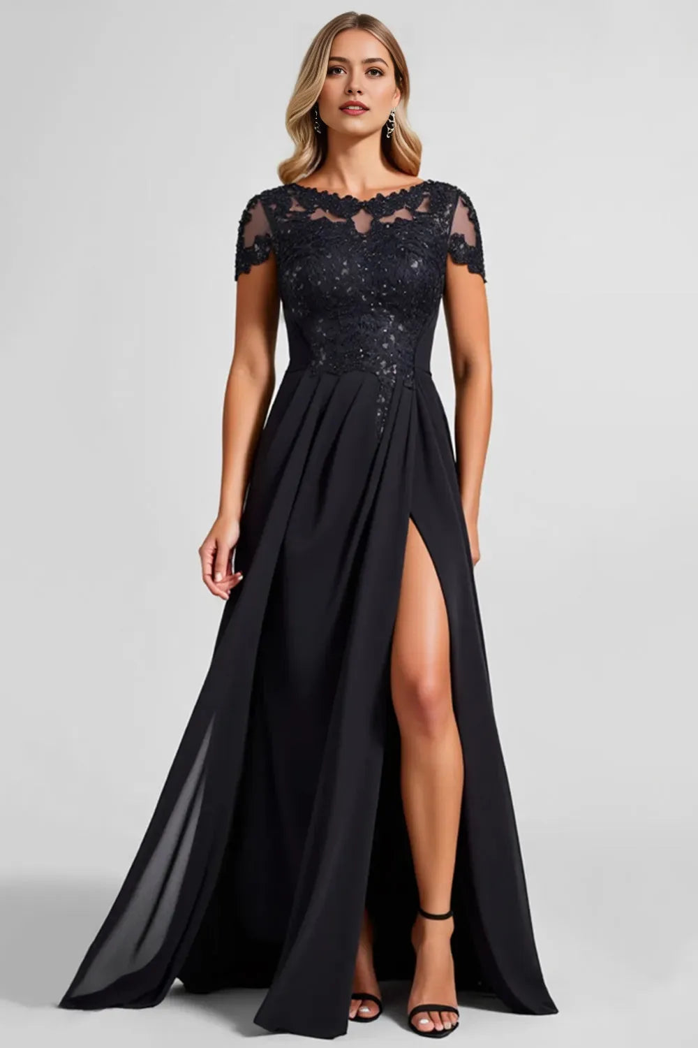 Black A Line Chiffon Applique Mother of the Bride Dress with Slit ﻿