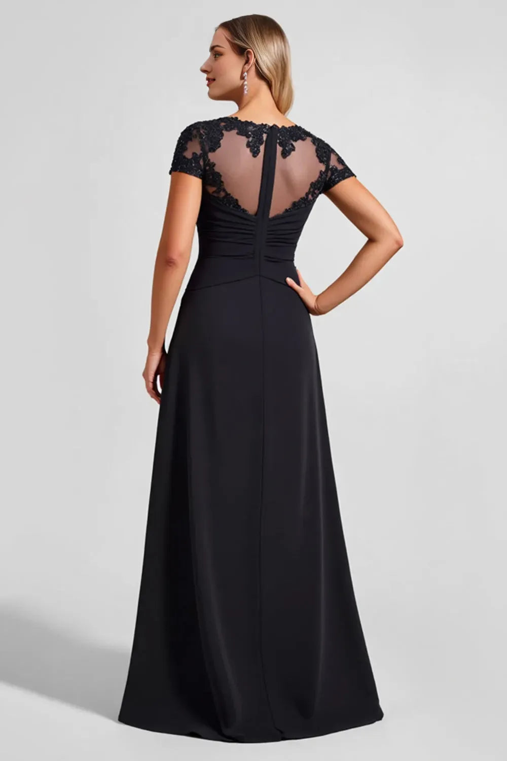 Black A Line Illusion Boat Neck Long Mother of the Bride Dress with Slit