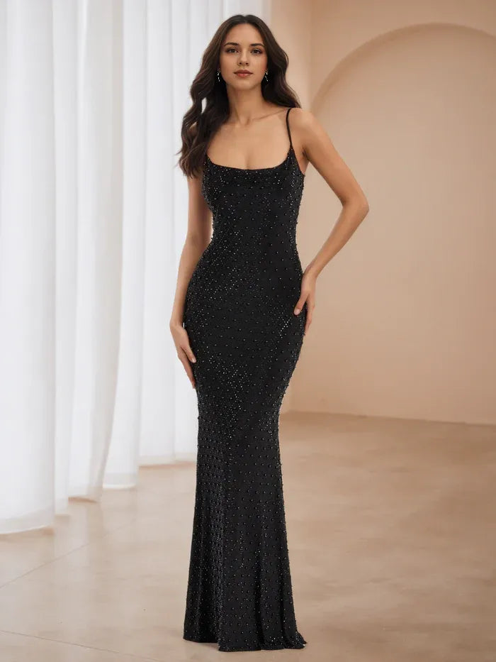Black Beaded Mermaid Prom Dress Spaghetti Straps Cowl Neckline for a Sparkling Gala Entrance
