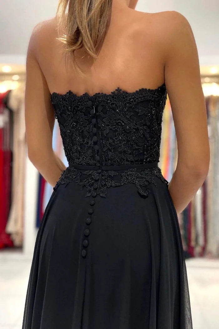 Black Chiffon Lace Long Prom Dress A-Line Strapless Evening Party Dress