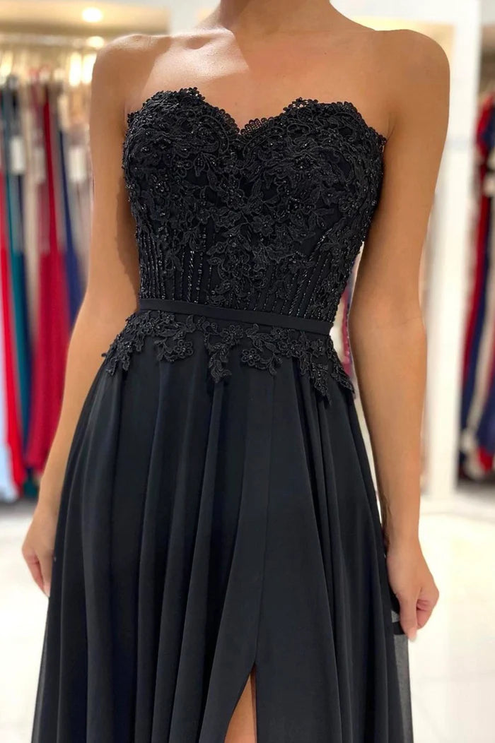 Black Chiffon Lace Long Prom Dress A-Line Strapless Evening Party Dress