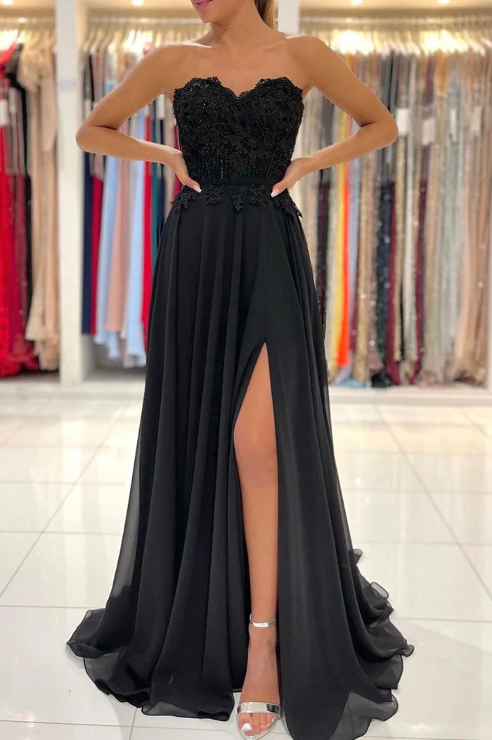 Black Chiffon Lace Long Prom Dress A-Line Strapless Evening Party Dress