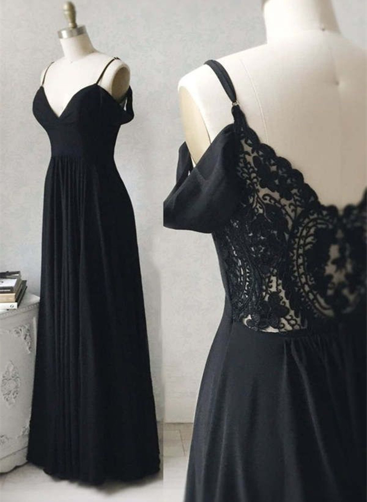 Black Chiffon with Lace Off Shoulder Party Dress Black Long Bridesmaid Dress