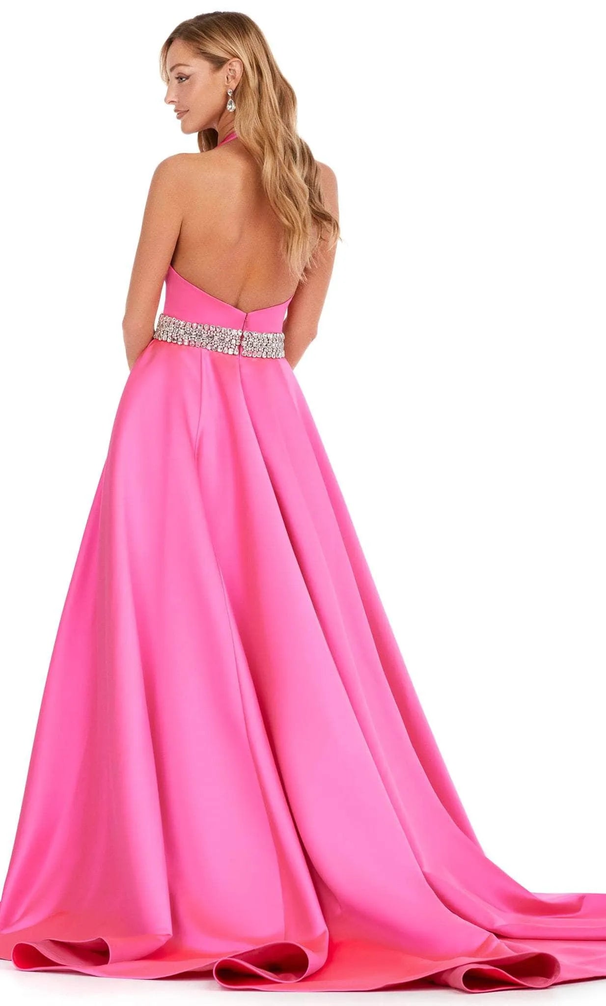 Black Halter - Neck Evening Gown with Plunging V - Neck Crystal  Embellished Waistband and Flowy Ball Gown Skirt for Formal Occasions