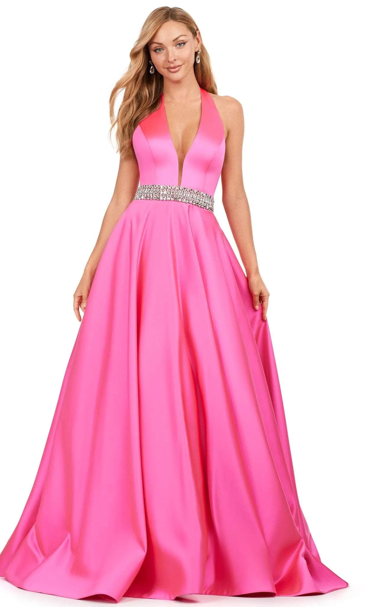 Black Halter - Neck Evening Gown with Plunging V - Neck Crystal  Embellished Waistband and Flowy Ball Gown Skirt for Formal Occasions
