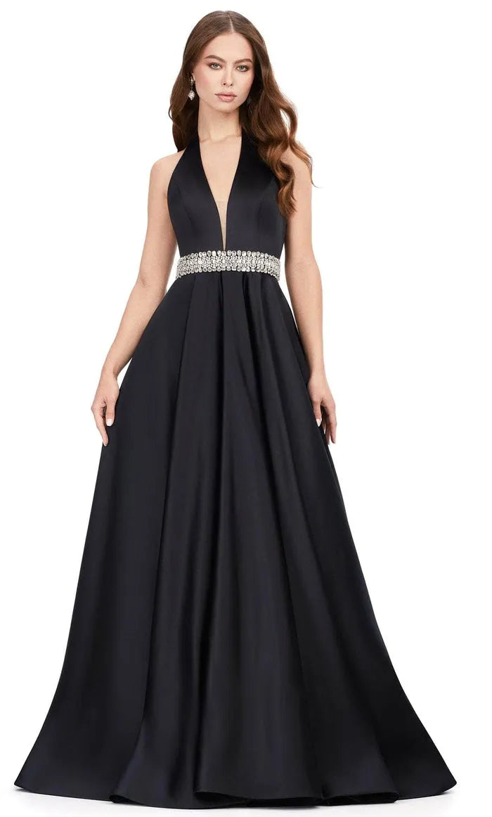 Black Halter - Neck Evening Gown with Plunging V - Neck Crystal  Embellished Waistband and Flowy Ball Gown Skirt for Formal Occasions