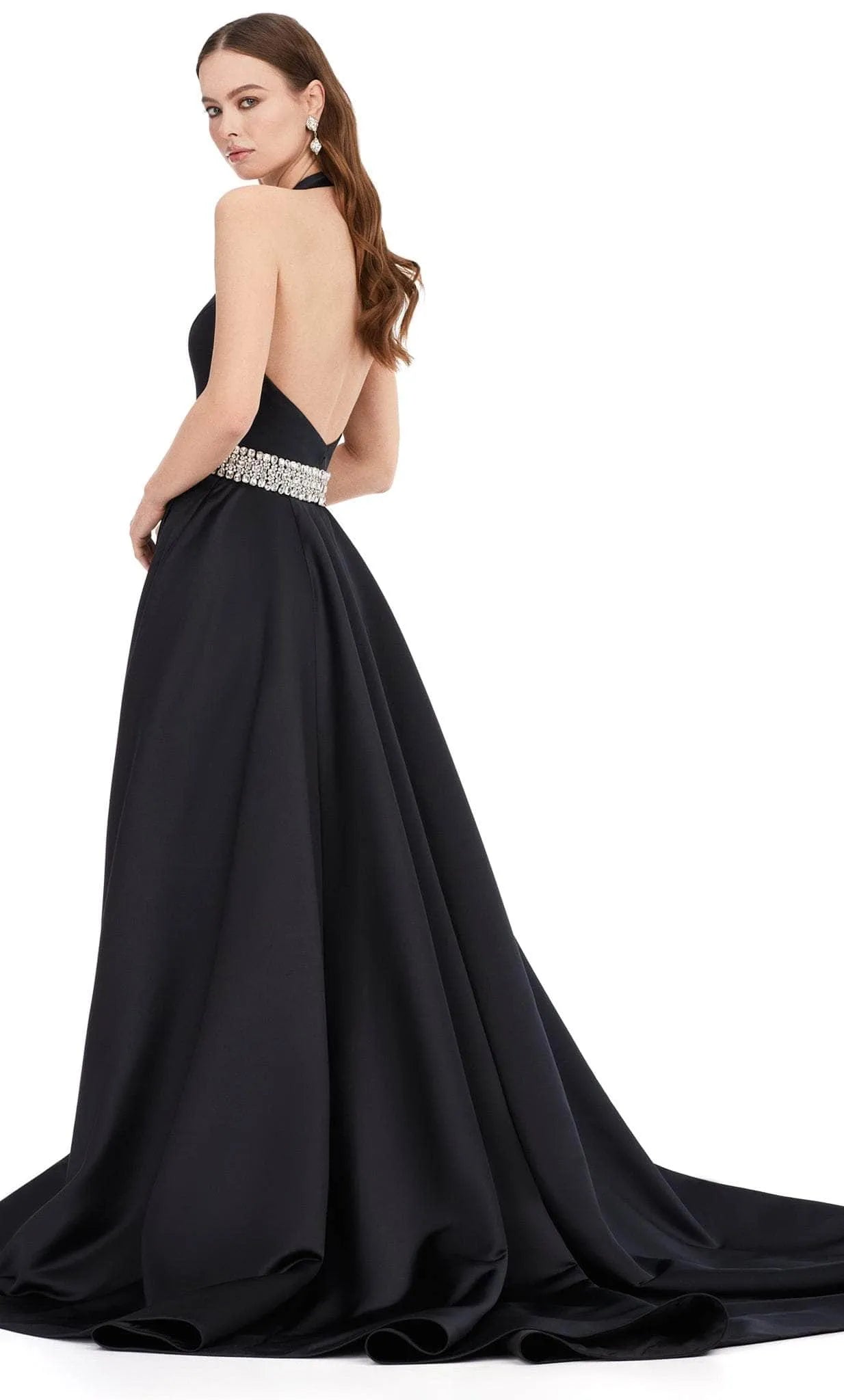 Black Halter - Neck Evening Gown with Plunging V - Neck Crystal  Embellished Waistband and Flowy Ball Gown Skirt for Formal Occasions