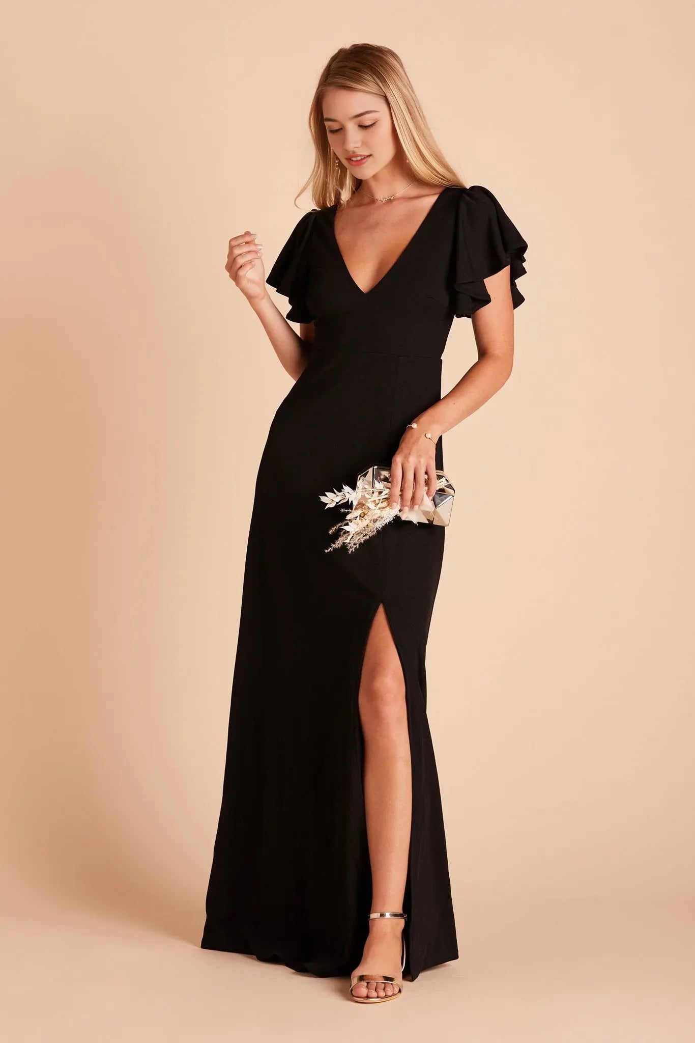 Black Knit Deep V Neck Prom Dress Flutter Sleeves Side Slit for Parisian Rooftop Inspired Formal Evenings
