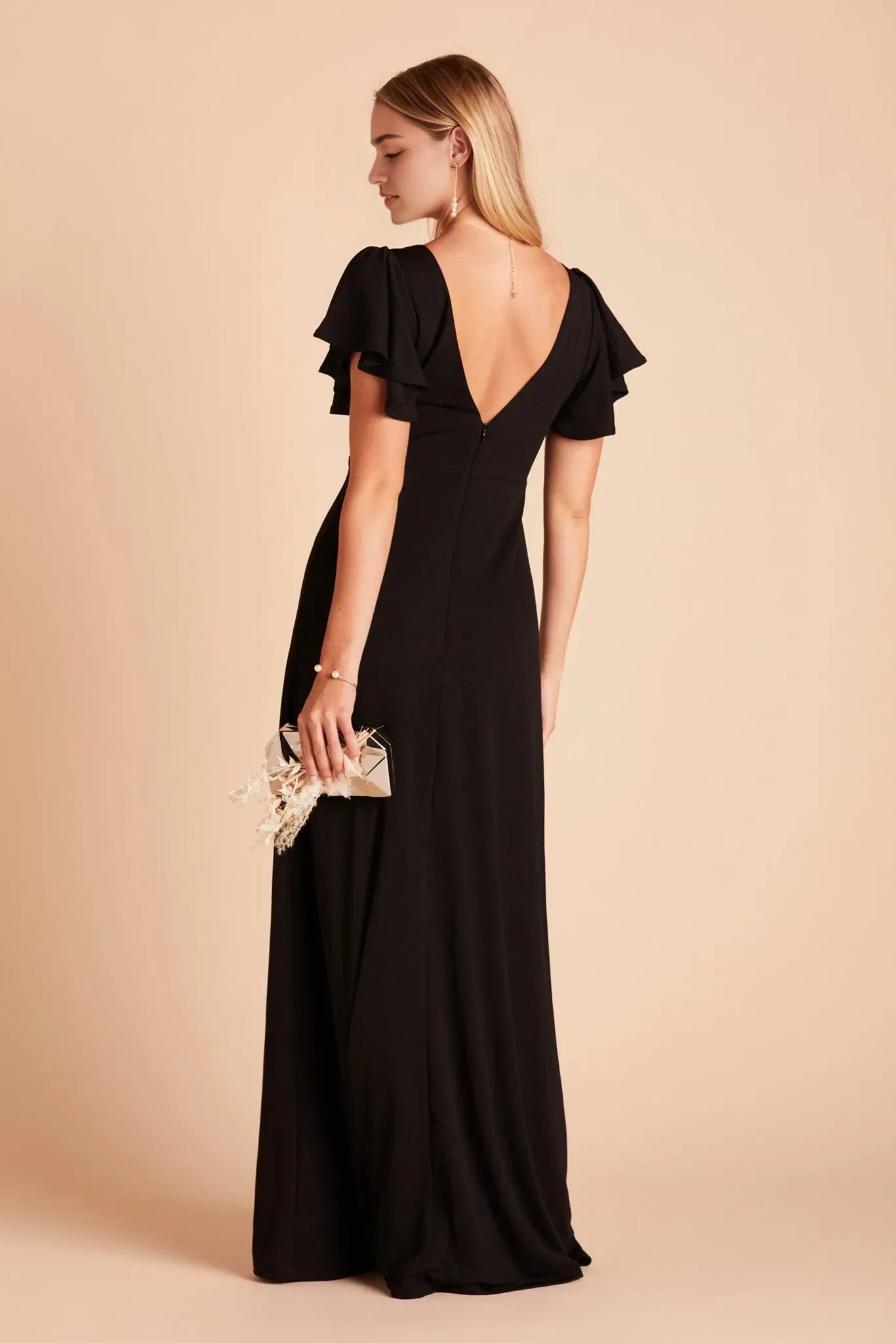 Black Knit Deep V Neck Prom Dress Flutter Sleeves Side Slit for Parisian Rooftop Inspired Formal Evenings