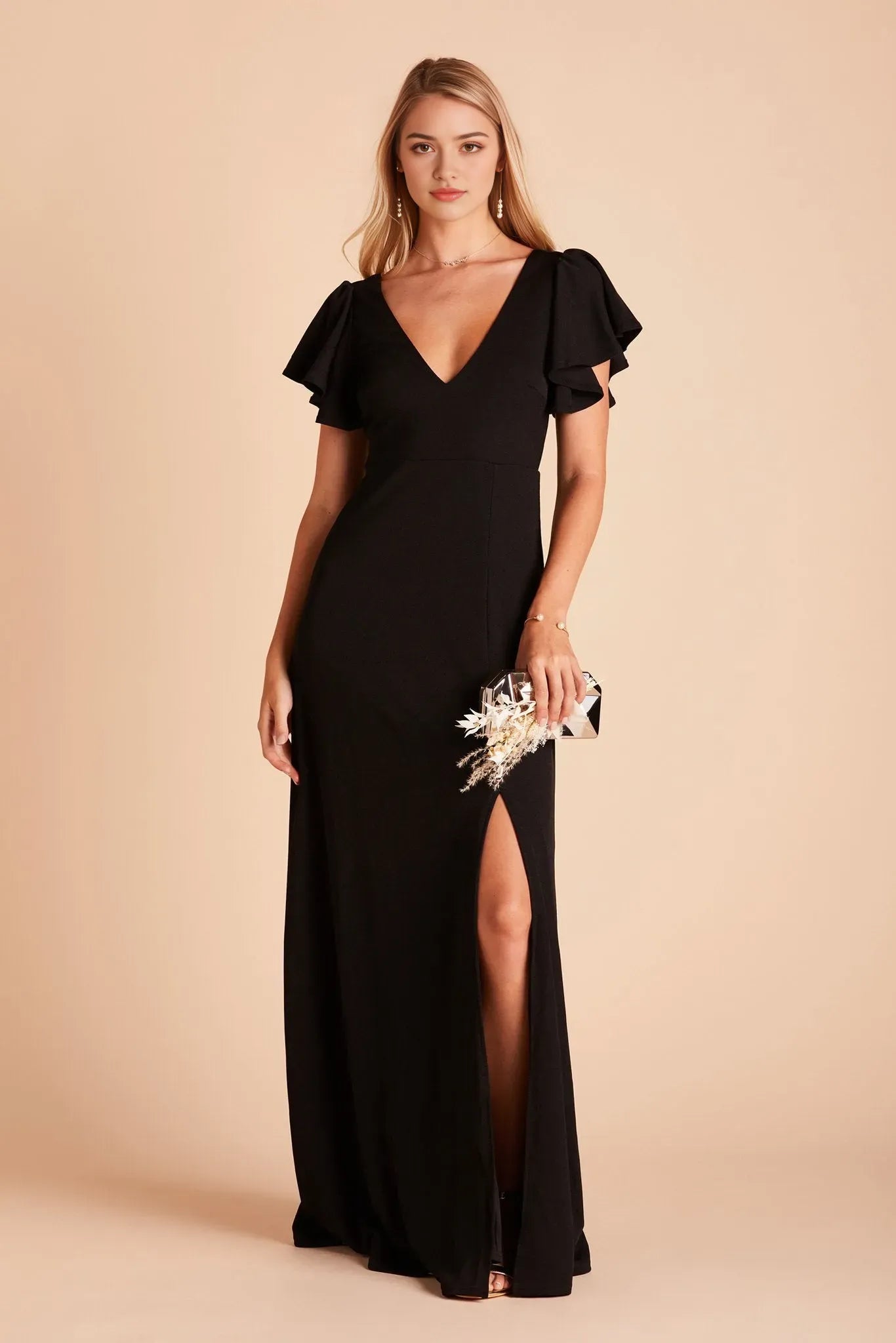 Black Knit Deep V Neck Prom Dress Flutter Sleeves Side Slit for Parisian Rooftop Inspired Formal Evenings