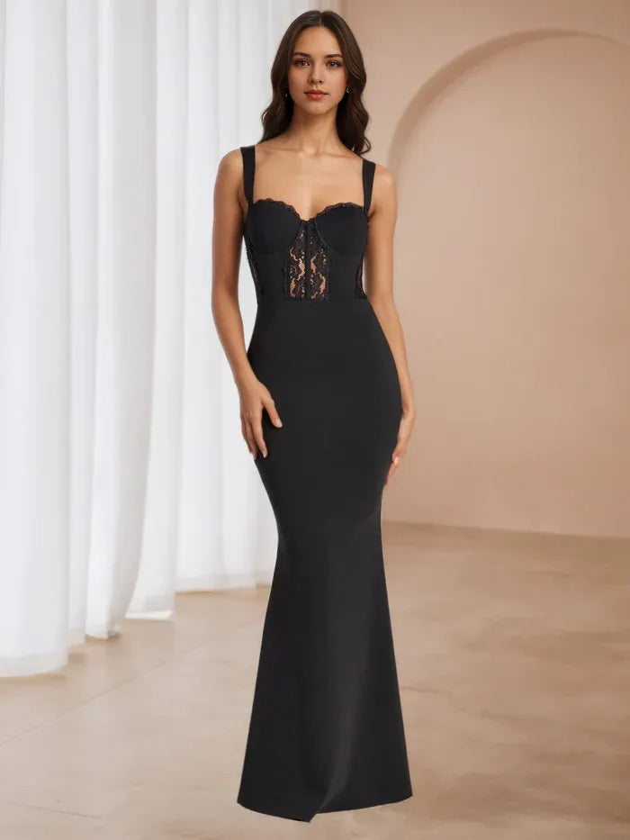 Black Lace - Inset Mermaid Prom Dress Square Neckline Corset - Style Bodice for Timeless Elegance