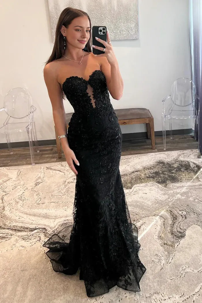 Black Lace Long Mermaid Prom Dress Black Strapless Evening Party Dress