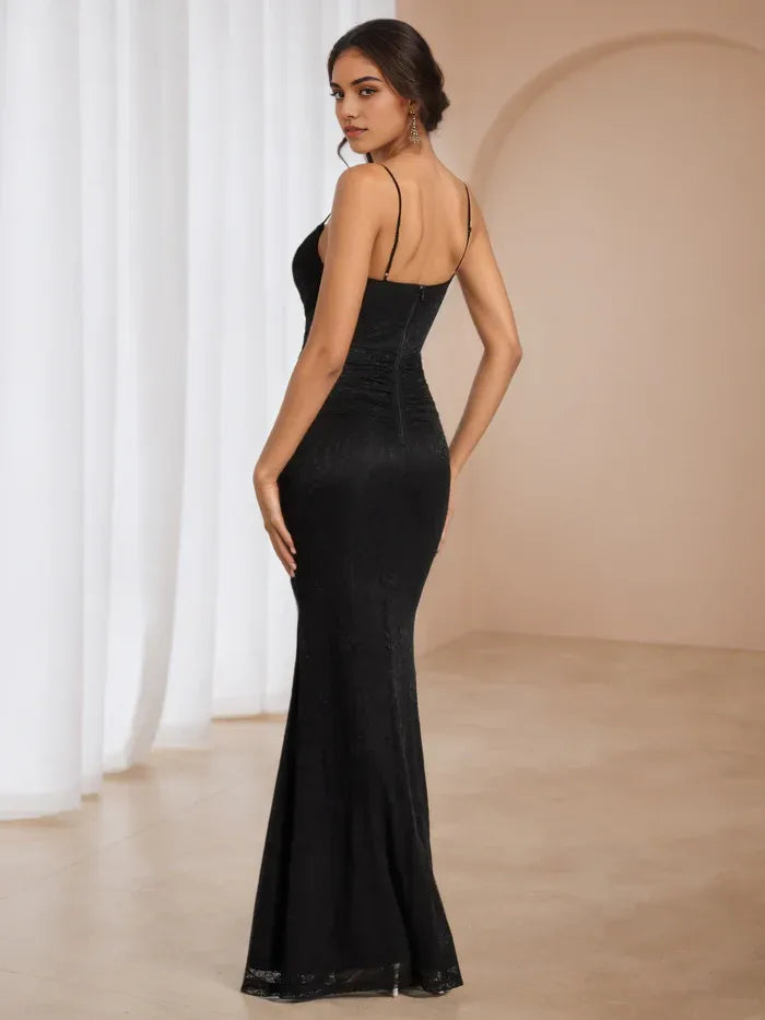 Black Lace Mermaid Prom Dress Spaghetti Straps  Ruched Bodice for Glamorous