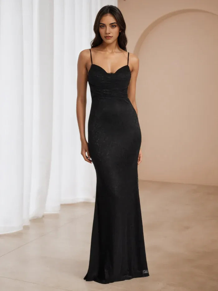 Black Lace Mermaid Prom Dress Spaghetti Straps  Ruched Bodice for Glamorous