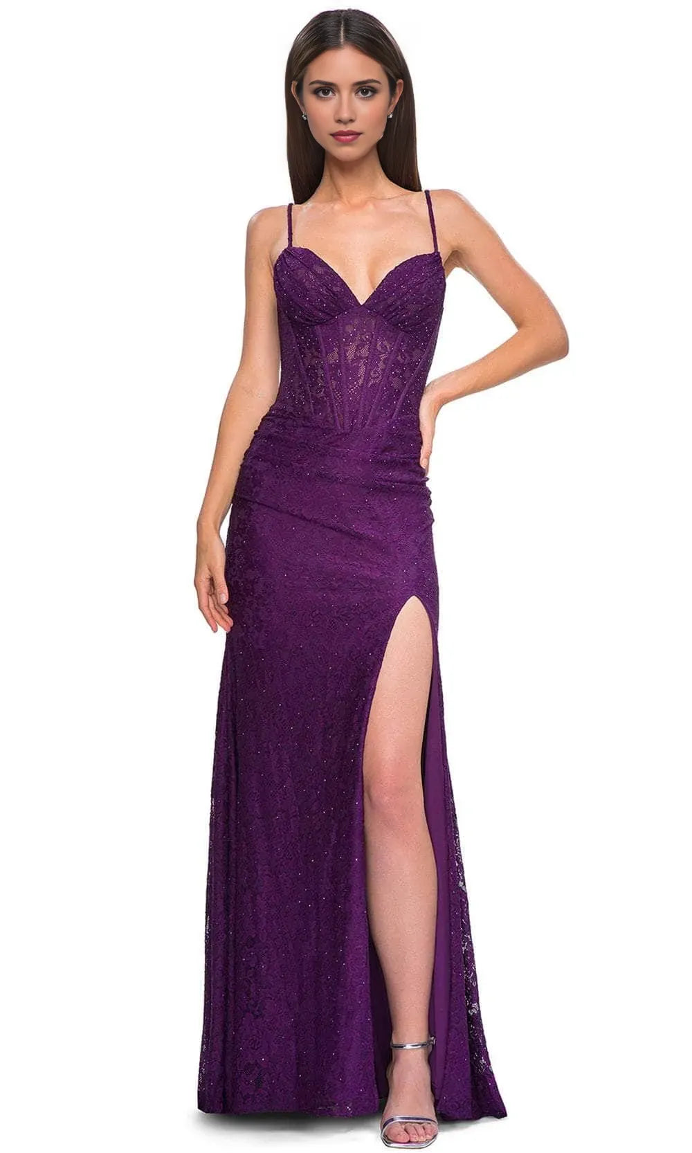 Black Lace Prom Gown with Spaghetti Strap Corset Bodice and High Side Slit Ideal for Formal Balls Galas