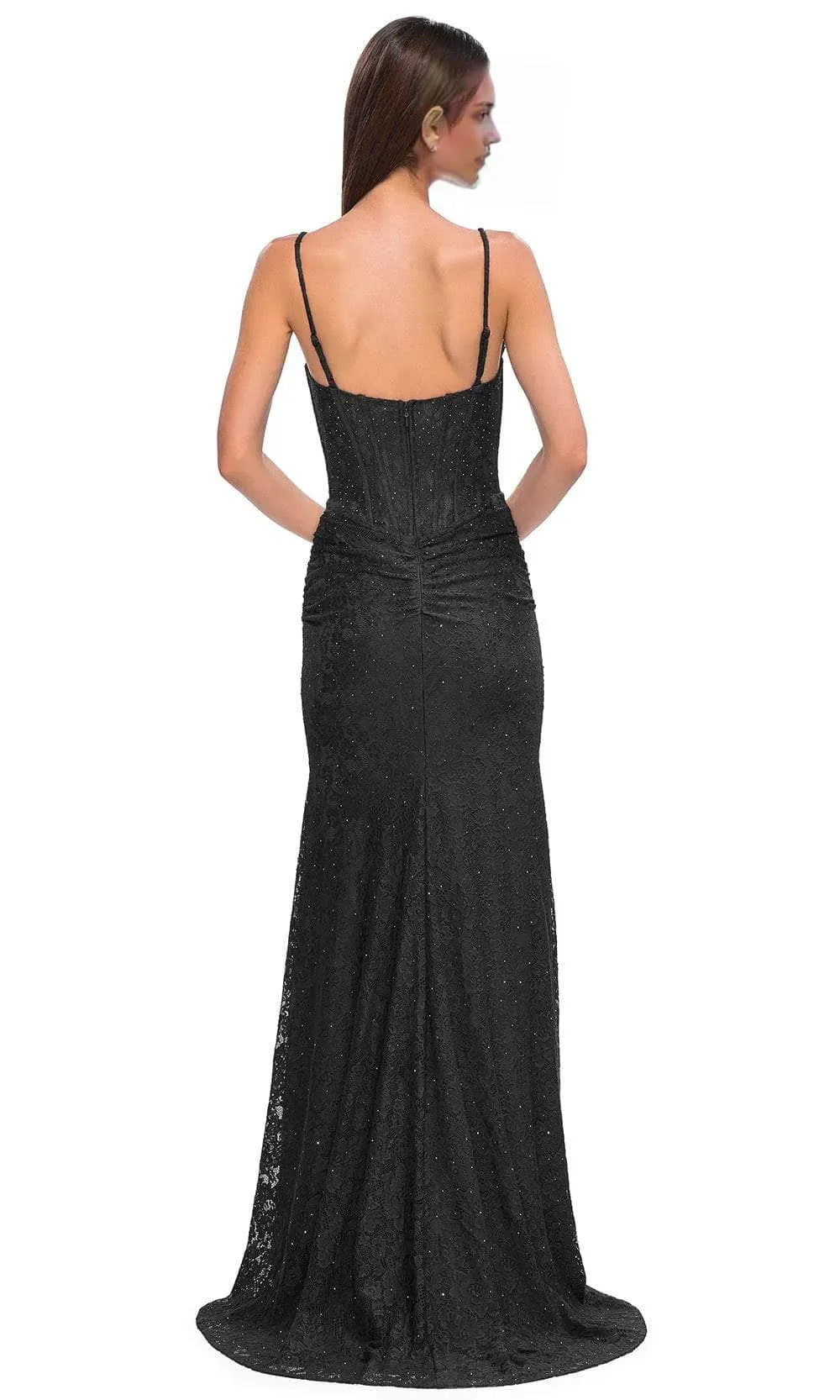 Black Lace Prom Gown with Spaghetti Strap Corset Bodice and High Side Slit Ideal for Formal Balls Galas