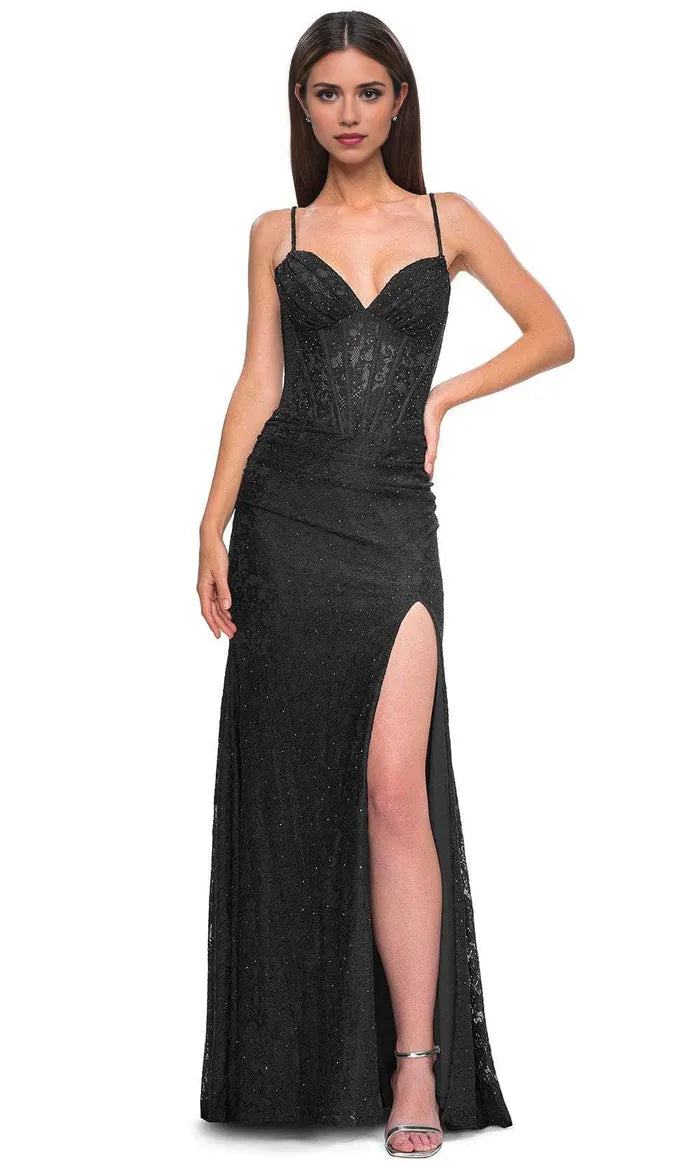 Black Lace Prom Gown with Spaghetti Strap Corset Bodice and High Side Slit Ideal for Formal Balls Galas