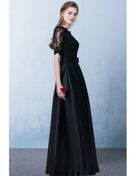 Black Lace Satin Aline Party Dress With Lace Sleeves