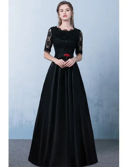 Black Lace Satin Aline Party Dress With Lace Sleeves