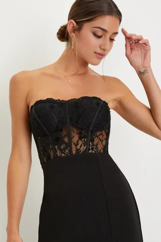 Black Lace Strapless Bustier Mermaid Evening Dresses