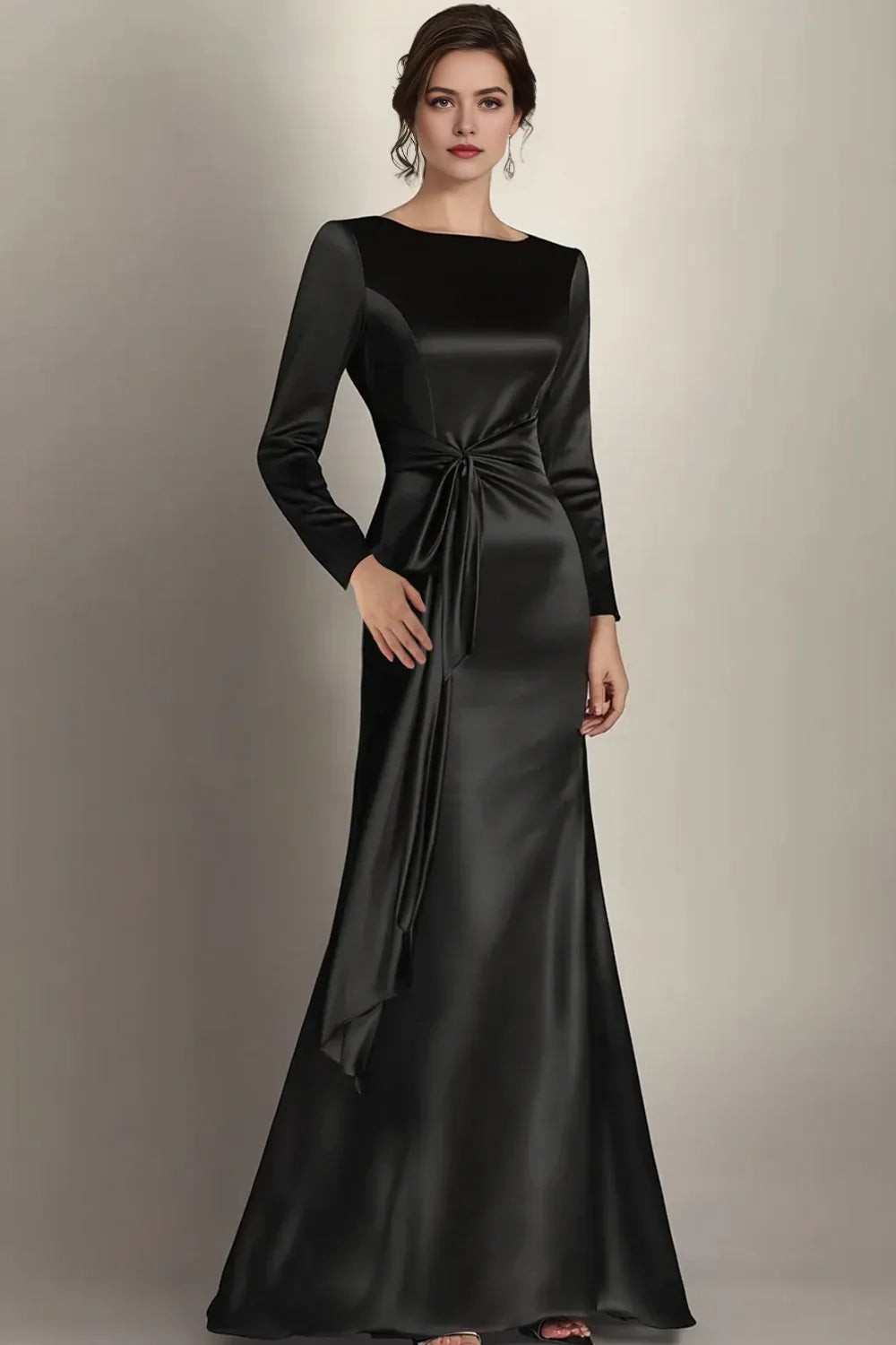 Black Mermaid Long Sleeves Satin Ruched Long Mother of the Bride Dress ﻿