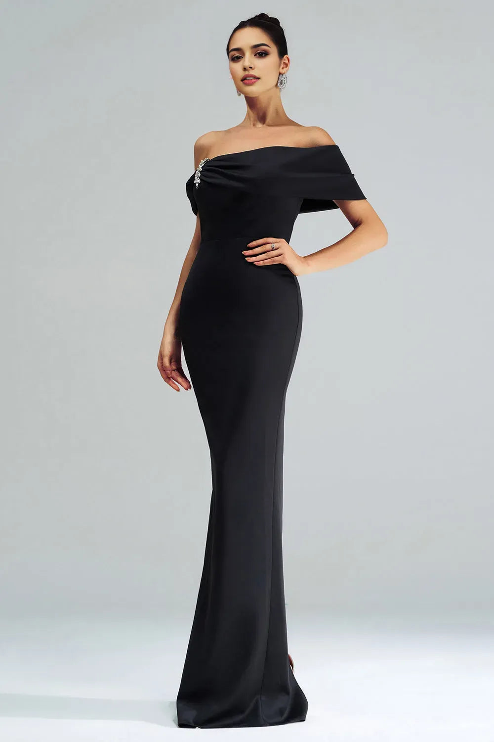 Black Mermaid Off the Shoulder Satin Long Evening Dresses