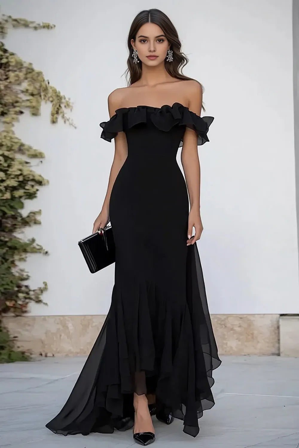 Black Mermaid Off the Shouler Long Formal Dress with Ruffles ﻿