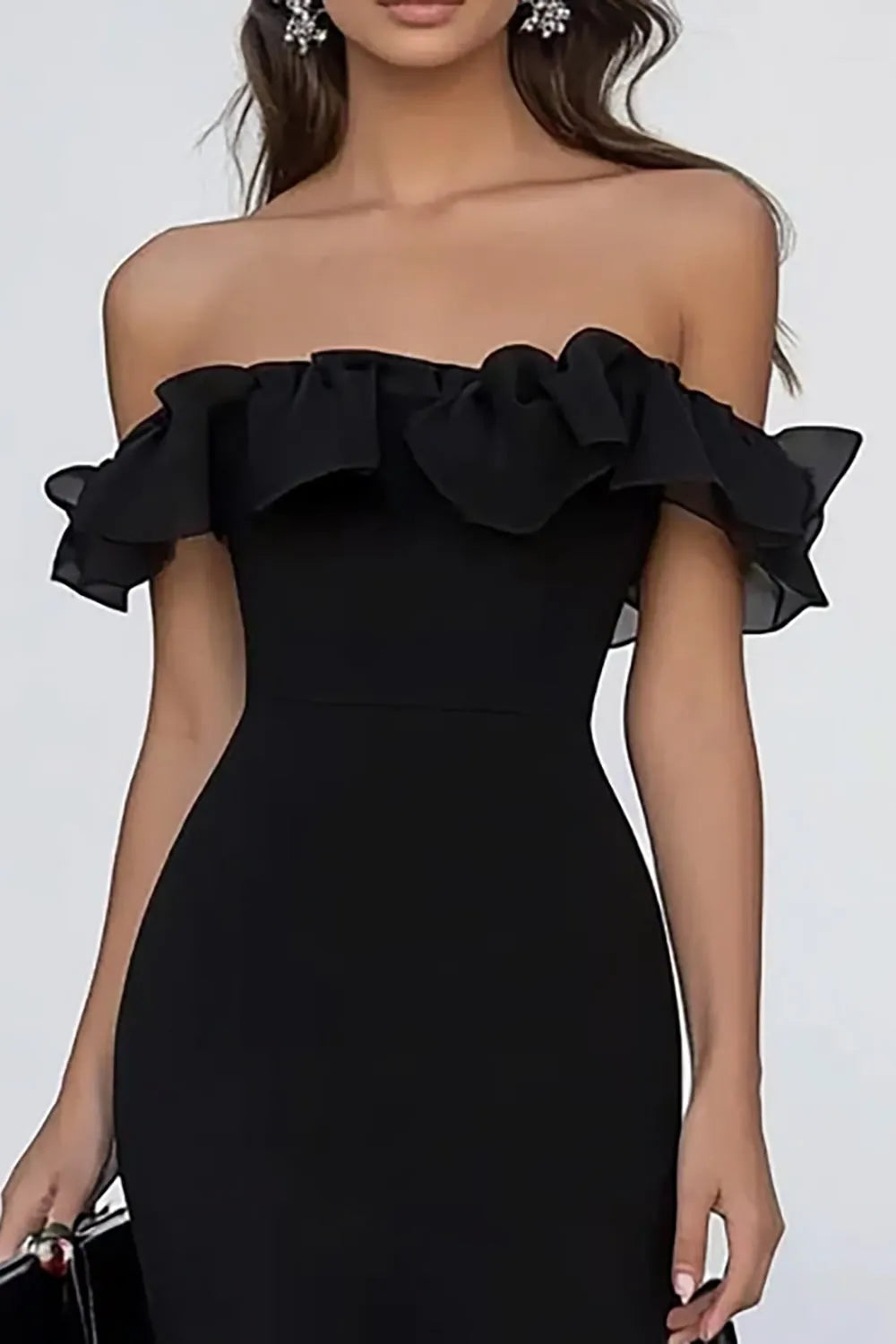 Black Mermaid Off the Shouler Long Formal Dress with Ruffles ﻿
