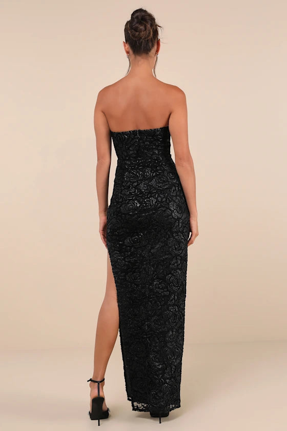 Black Mesh Velvet Strapless Bustier Evening Dresses
