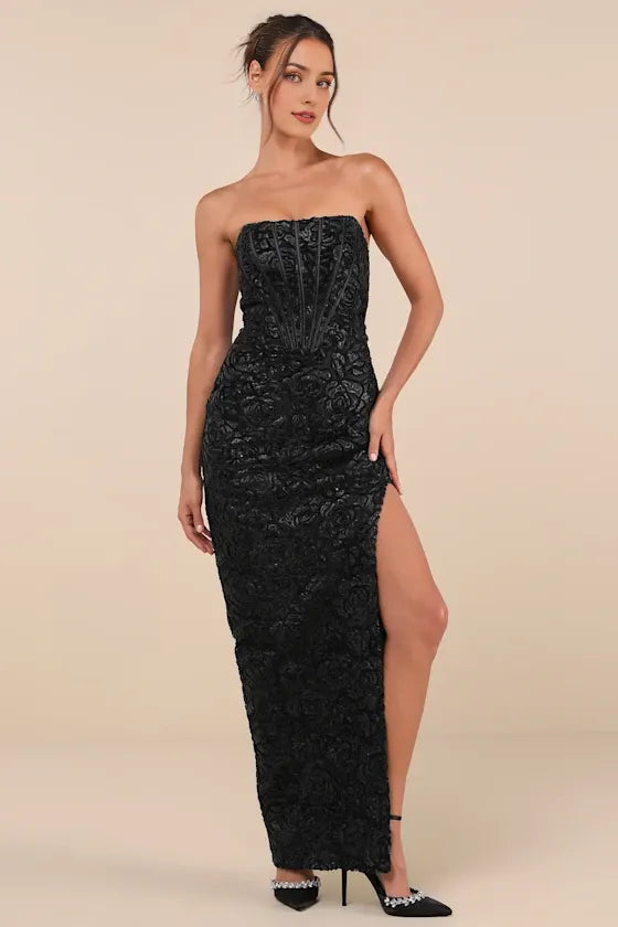 Black Mesh Velvet Strapless Bustier Evening Dresses