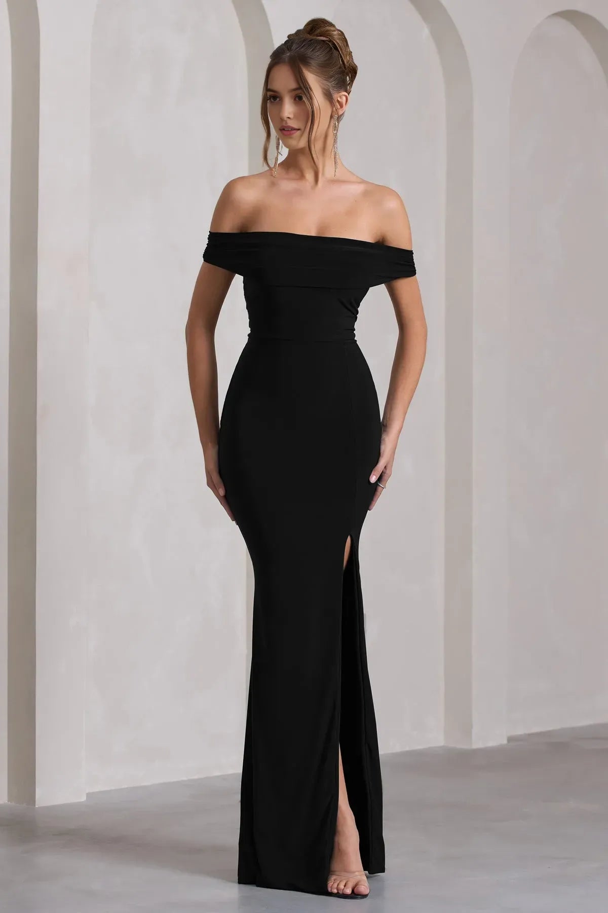 Black Off - Shoulder Prom Dress with Bodycon Silhouette Side Slit and Elegant Draped Neckline