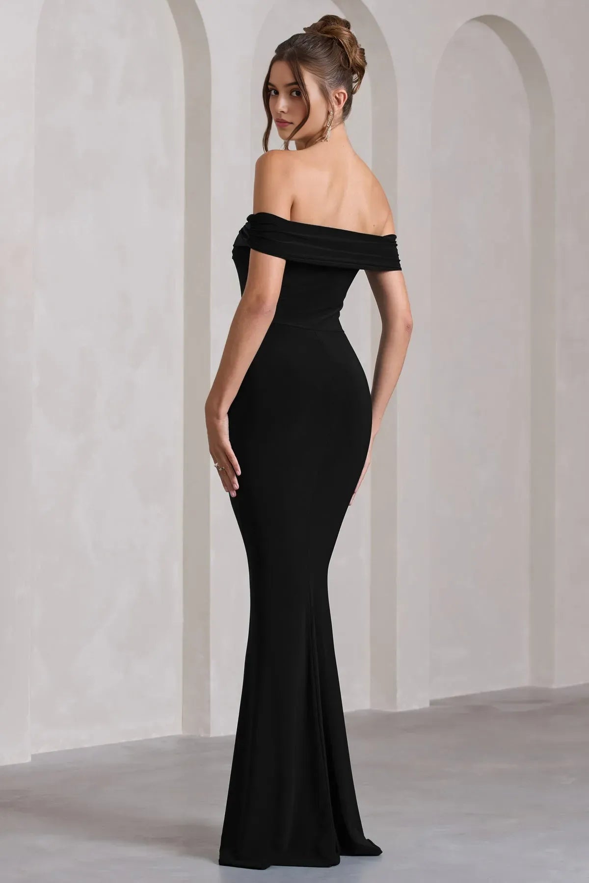 Black Off - Shoulder Prom Dress with Bodycon Silhouette Side Slit and Elegant Draped Neckline